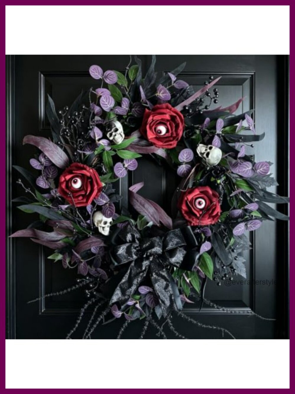 22 Inch Halloween Wreath Skeleton Eyeballs Gothic Floral Front Door Decor